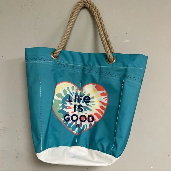 SEA BAGS TIE-DYE LIFE IS GOOD BEACHCOMBER BUCKET BAG TOTE Teal Blue Rainbow - Picture 10 of 12